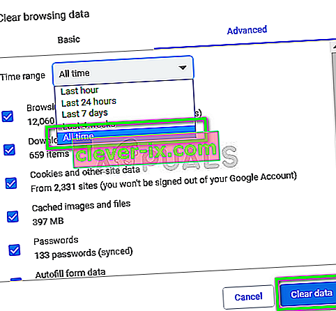 Fjerne informasjonskapsler og hurtigbuffer i Chrome i Windows 10