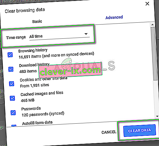 Brisanje vseh podatkov brskalnika v brskalniku Google Chrome
