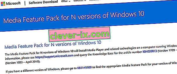 Media Feature Pack für Windows N.